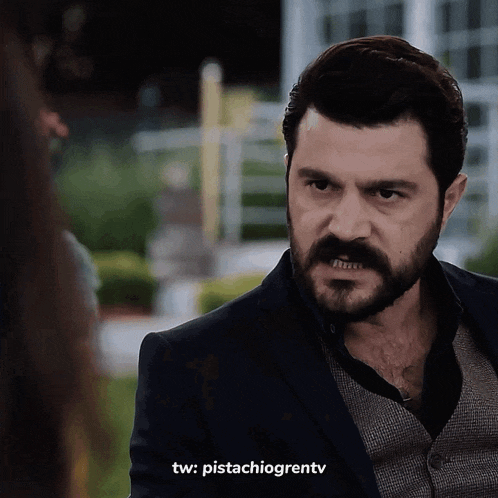 a man with a beard and mustache is talking to another man with the hashtag pistachiogrentv
