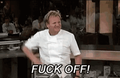 a man in a chef 's uniform is standing in front of a crowd and saying `` fuck off ! ''