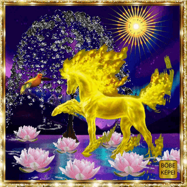 a painting of a golden horse with a hummingbird and flowers by bobe kepei