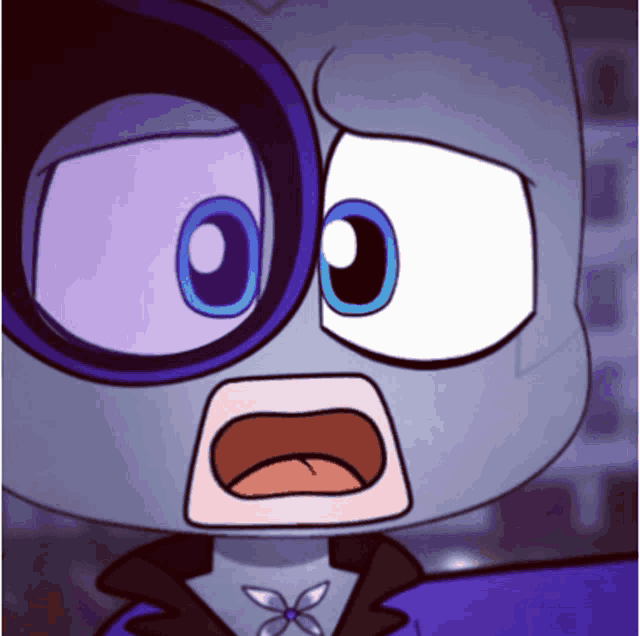 a close up of a cartoon character 's face with a surprised look on his face
