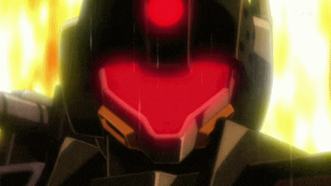 a close up of a robot with a red light on its face