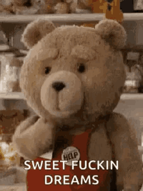 a teddy bear is standing in front of a shelf with a sign that says sweet fuckin dreams .