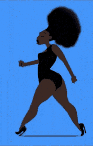 a cartoon of a woman in a black swimsuit walking on a blue background