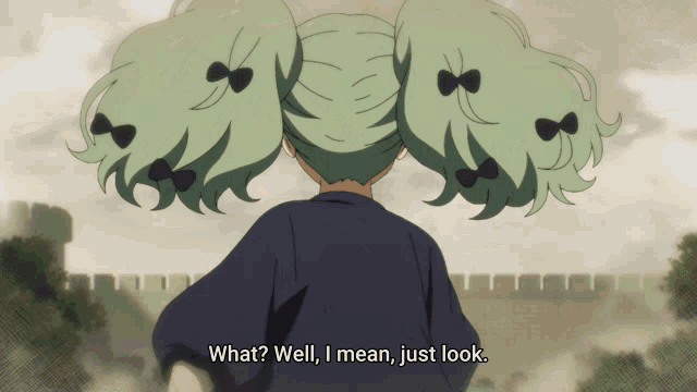 a girl with green hair is standing in front of a castle and says what well i mean just look