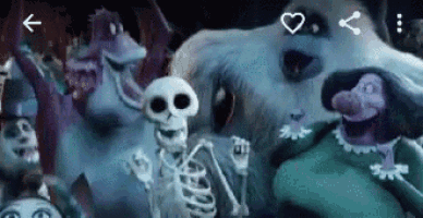 a group of skeletons and monsters are dancing together in a dark room .
