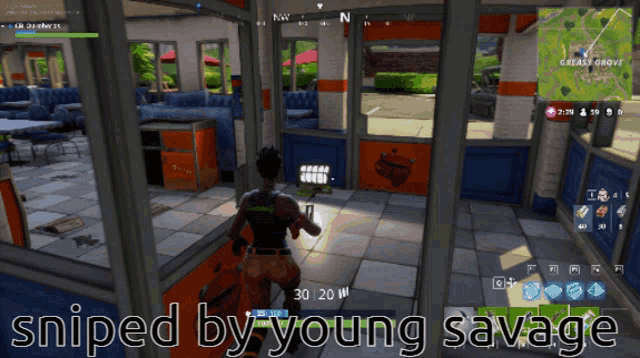 a screenshot of a video game with the words sniped by young savage