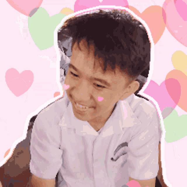 a pixel art of a boy with hearts around his face