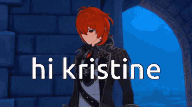 a video game character with red hair and the words hi kristine on the bottom