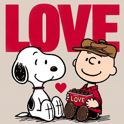 a cartoon of snoopy and charlie brown sitting next to each other with the word love behind them