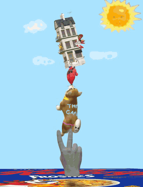 a cartoon of a dog holding a house and a heart with the word " the game " on it