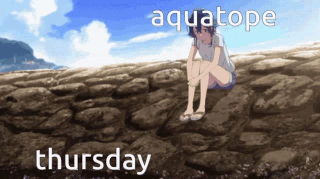 a cartoon of a girl sitting on a rock with the words aquatope thursday below her