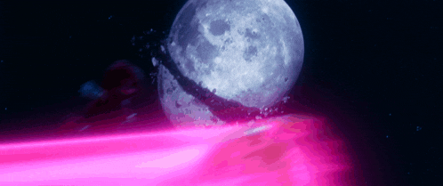 a full moon is surrounded by a pink glowing object