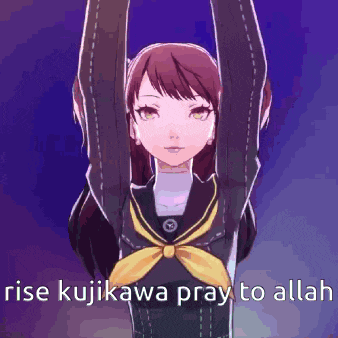 a girl in a school uniform is holding her arms up in the air and says rise kujikawa pray to allah