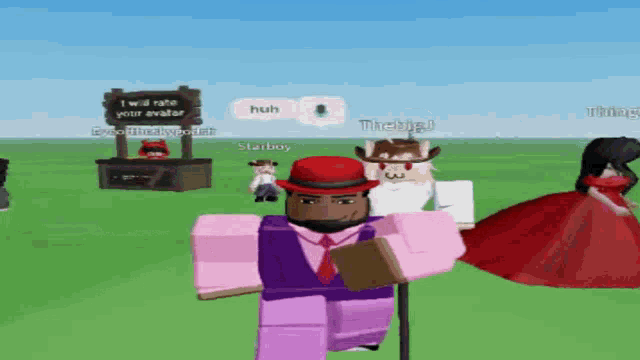 a man in a purple suit stands in front of a sign that says i will rate your avatar huh