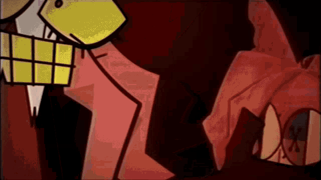 a close up of a cartoon character 's mouth and teeth with a red background