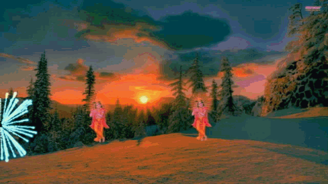 a painting of a sunset with trees and fireworks
