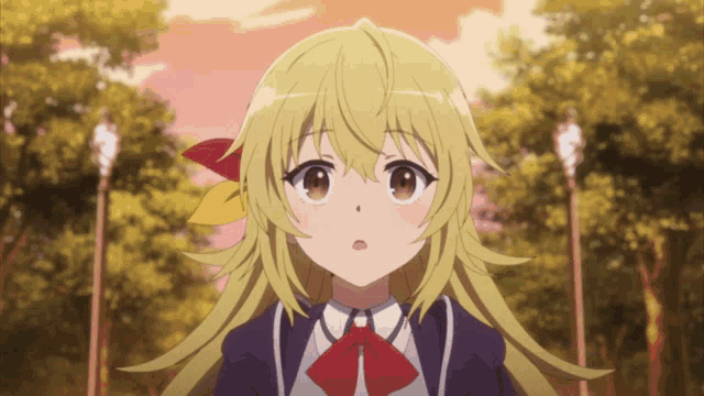 a girl with long blonde hair is wearing a school uniform and a red tie