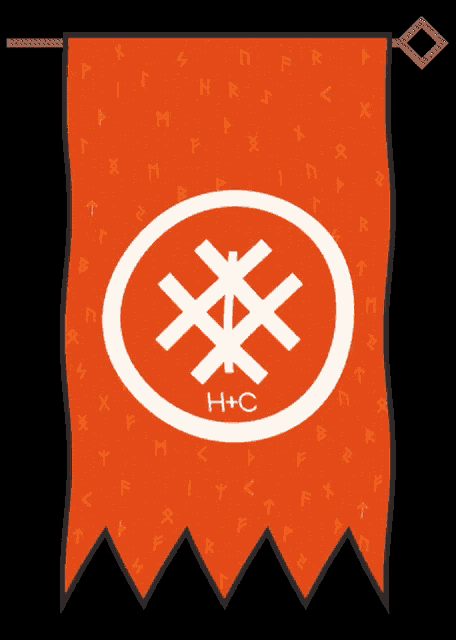 an orange banner with a white cross in a circle and the word h + c on it
