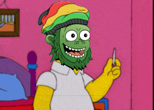 a cartoon character wearing a rasta hat holds a cigarette