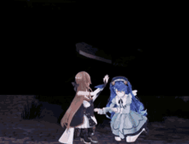 a girl in a white dress is standing next to another girl with blue hair