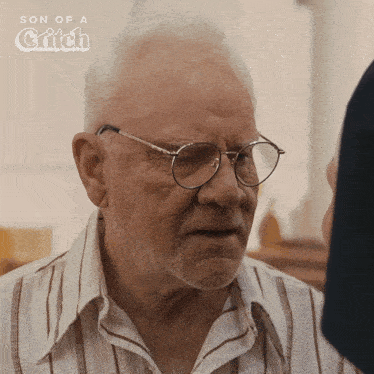 an older man wearing glasses and a striped shirt is featured in a son of a critch ad