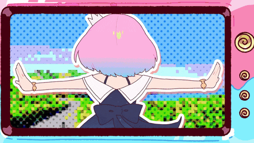 a cartoon of a girl with pink hair and blue hair