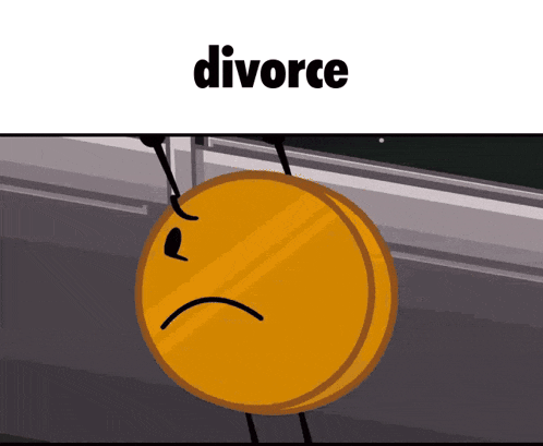 a cartoon illustration of a coin with a sad face and the word divorce above it