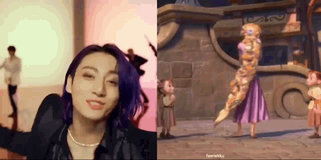 a close up of a person with purple hair next to a picture of a girl with a long hair .