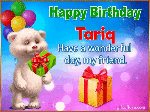 a happy birthday greeting card with a teddy bear holding a present