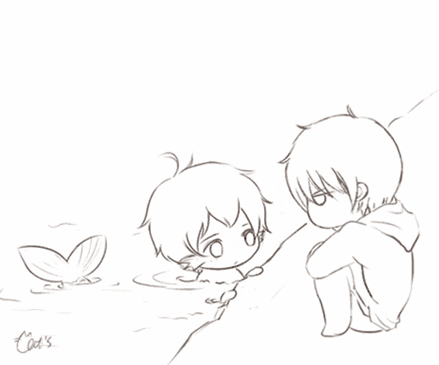 a black and white drawing of a boy holding a fish with the name cod 's on the bottom