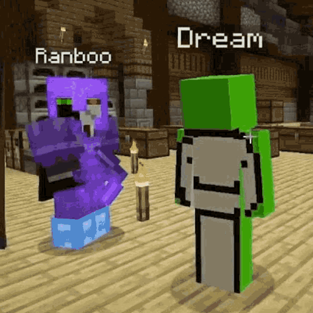 a purple and green minecraft character are standing next to each other in a room .