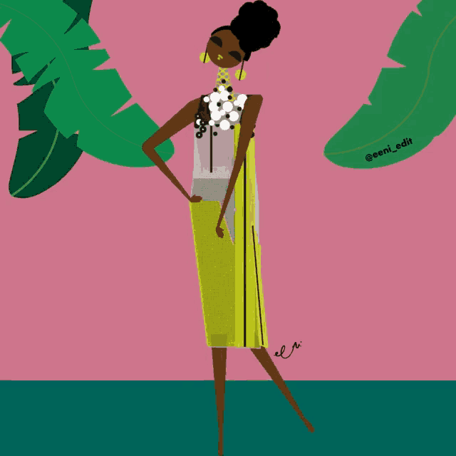 a drawing of a woman in a yellow dress with the hashtag @eeni_edit on the bottom