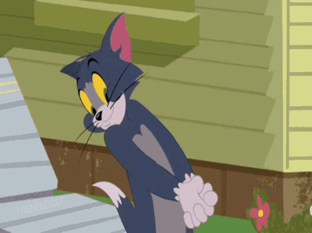 a cartoon cat is standing in front of a house with the words trendzisst written on the bottom