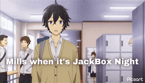 a cartoon of a boy standing in a hallway with the words mills when it 's jackbox night