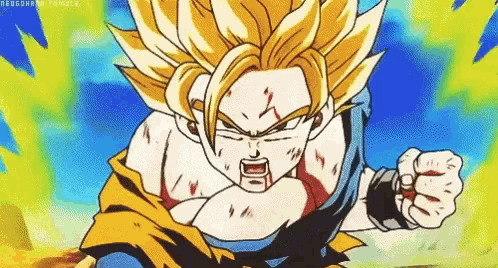 a cartoon of a man with yellow hair and a fist in his hand .