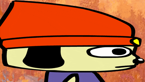 a cartoon character wearing an orange hat and a purple shirt