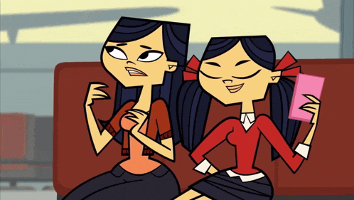 two cartoon girls are sitting next to each other and one is holding a book