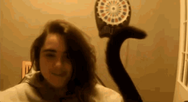 a woman is standing in front of a dart board with a cat behind her .