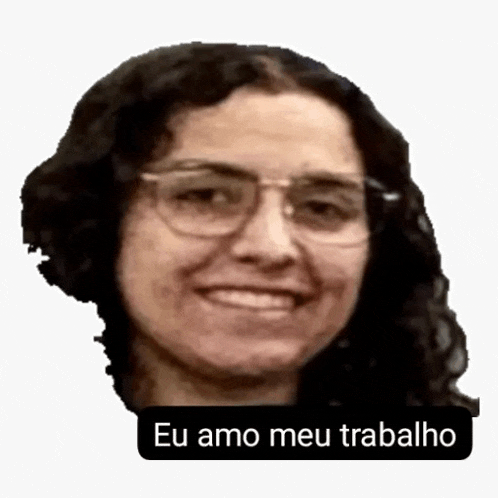 a woman wearing glasses has a sticker that says eu amo meu trabalho on it
