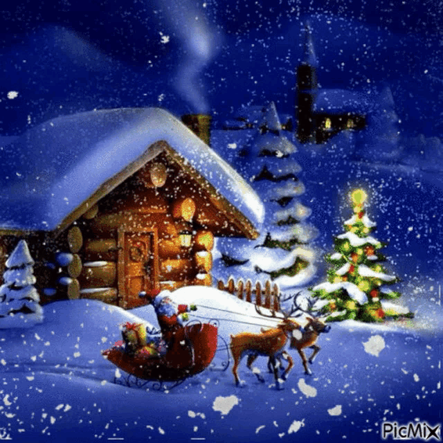 a picture of santa in a sleigh pulled by reindeer with a christmas tree in the background