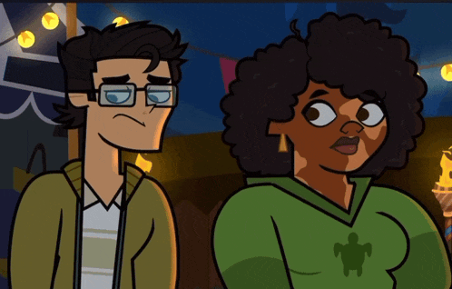 a man and a woman standing next to each other in a cartoon