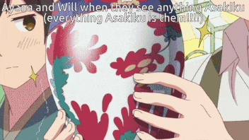 a cartoon of a man and woman holding a vase with flowers on it