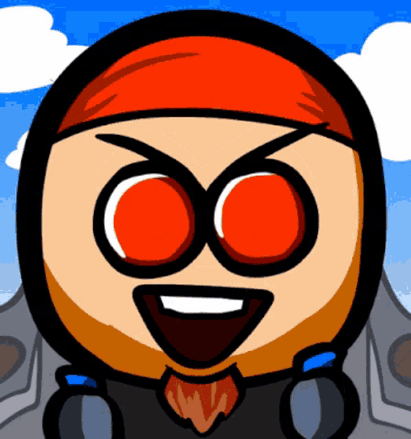 a cartoon character with red eyes and a beard is smiling
