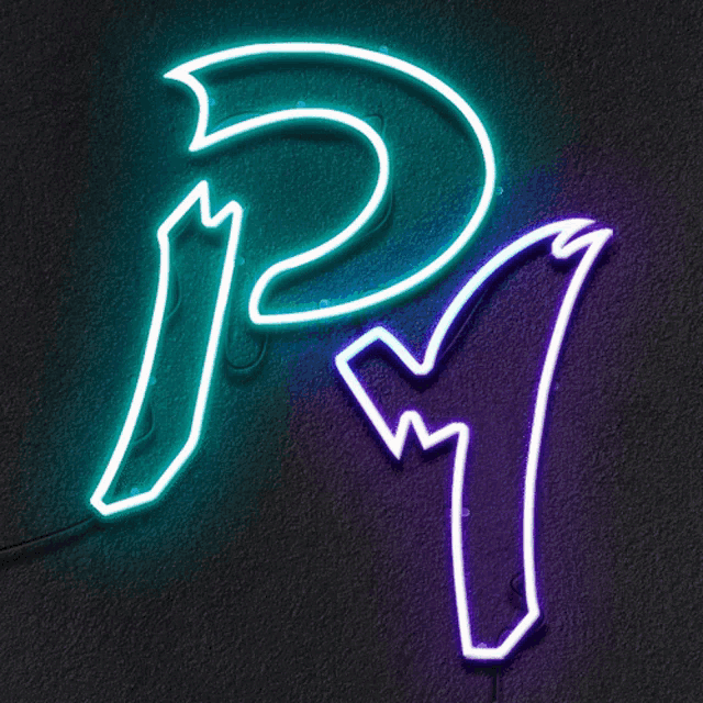a neon sign that has the letter p and m on it