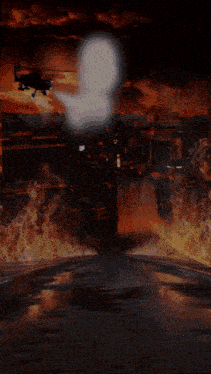a man with a tattoo on his arm is standing in front of a fire with a helicopter in the background