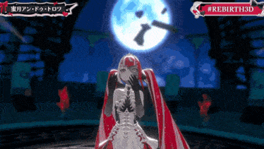 a girl in a red and white dress is standing in front of a full moon with the hashtag #rebirth3d