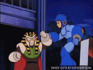 a cartoon of a robot fighting a pharaoh with the words make gifs at gifsoup.com