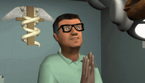 a man wearing glasses prays in front of a caduceus and a cross