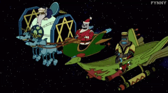 a cartoon of santa claus and his reindeer flying through space