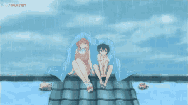 a girl and a boy sit under a blue blanket in the rain with the word animeplay.net in the corner